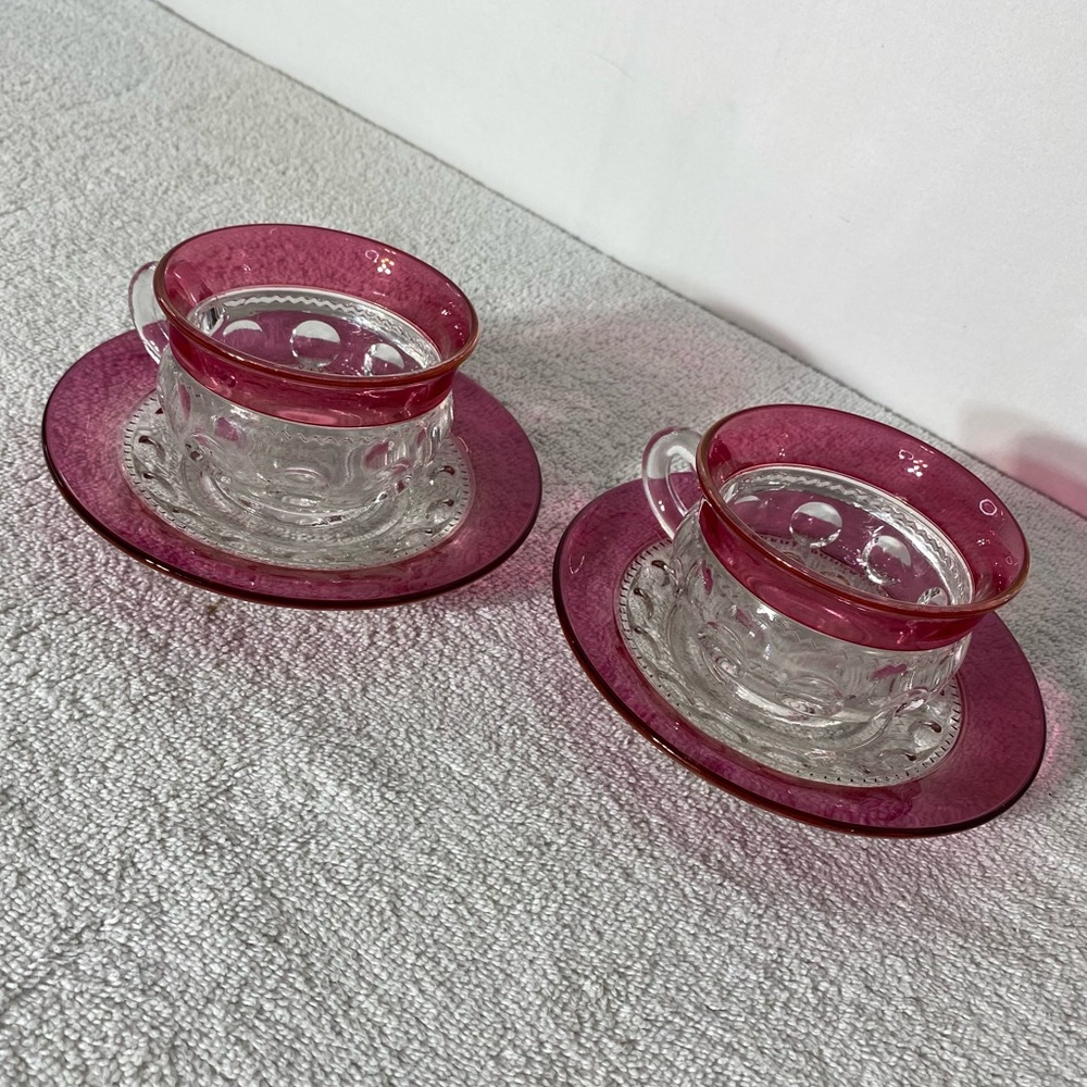 Vintage Kings Crown Ruby Red Ruby Flash Glass Thumbprint Coffee Cups & Saucers